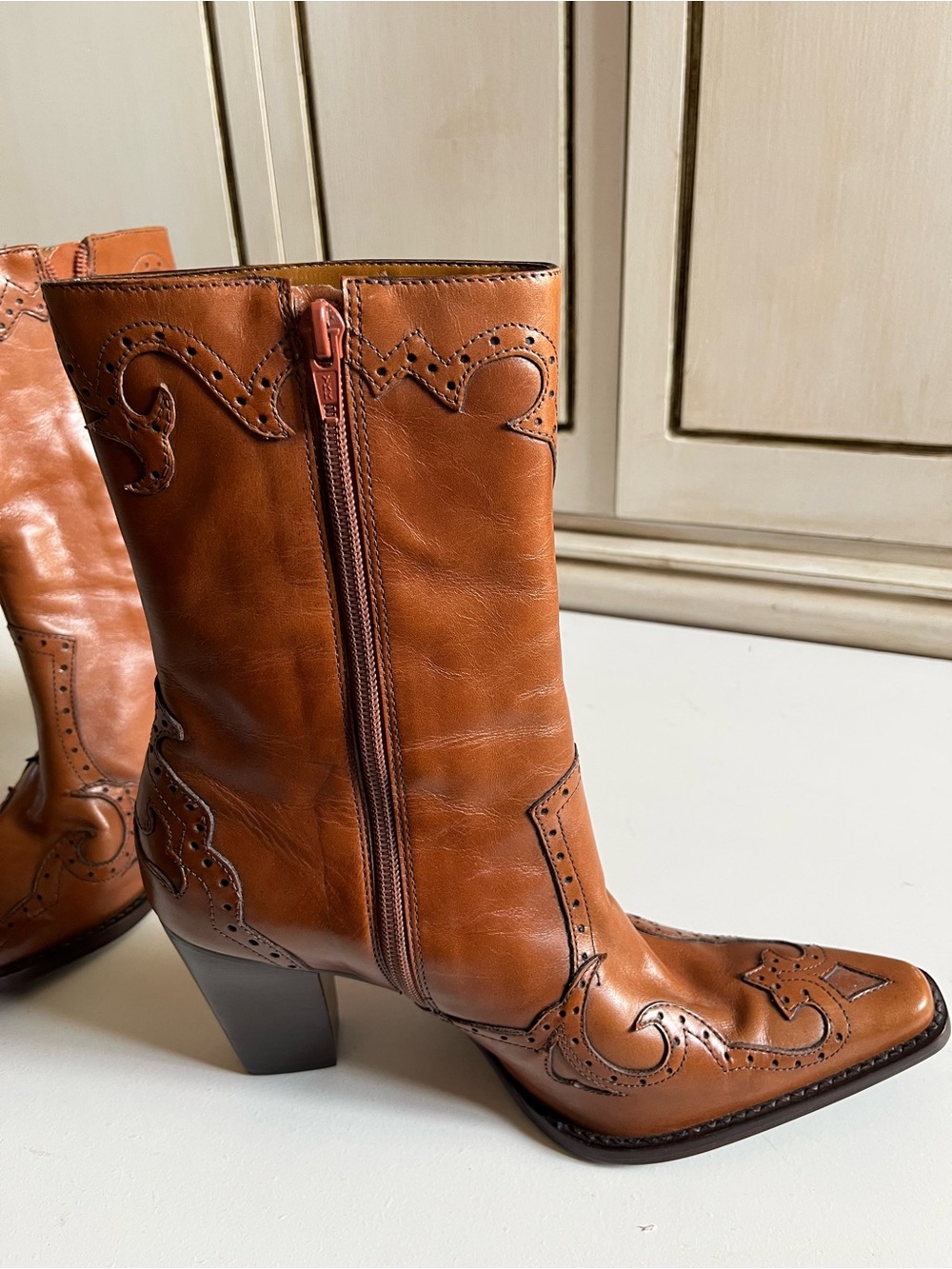 Vintage Leather Eddie Bauer Western Cowgirl boots high block heel wingtip design - Picture 7 of 12